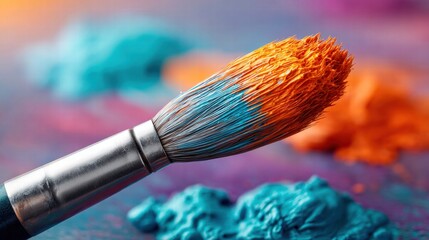 Fototapeta premium Close-up of a paintbrush with vibrant orange and blue paint.