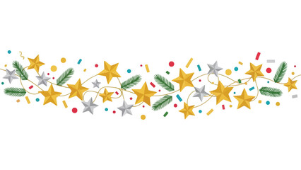Gold and silver star garland with confetti and spruce branches