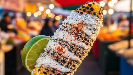 Delicious grilled elote covered with white crema cotija cheese and red chili powder seasoning served with fresh wedge of lime at a vibrant outdoor fair