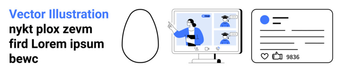 Online education, remote learning, social media, communication design, user interface, virtual interaction. An educator teaching virtually with icons for social media engagement. Online education