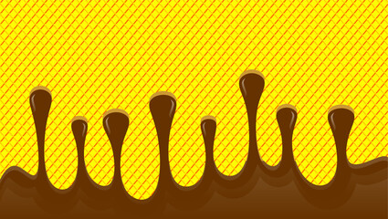 Hot chocolate drip illustration. Melting chocolate  on waffle background. Drippy ice cream vector design. Wavy choco melt border. Brown chocolate drips illustration.
