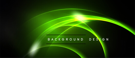 Dark backdrop features vibrant green neon curves. Bright light radiates from central point, creating dynamic visual effect. Text reads background design.