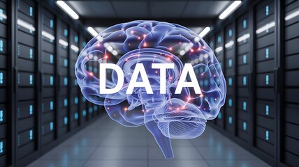 Data intelligence concept with digital brain visualization inside modern server room