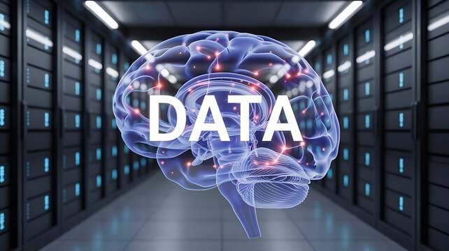Data intelligence concept with digital brain visualization inside modern server room
- Powered by Adobe
