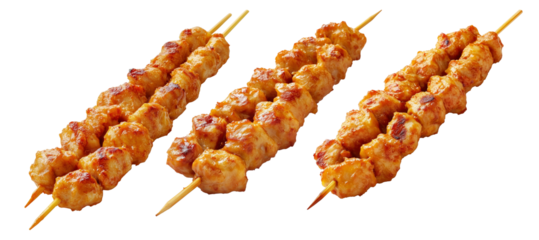 Grilled chicken Satay skewer with a golden brown glaze, isolated on white background, concept of tasty street food