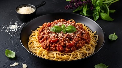 A close up shot of a plate of spaghetti bolognese with basil and parmesan on a dark background