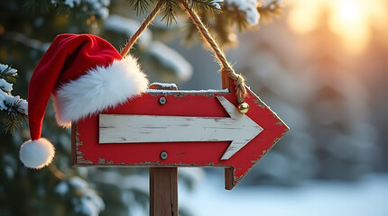 Christmas direction sign with santa hat festive winter holiday scene