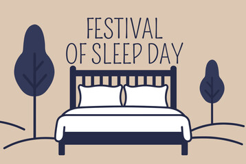 Flat vector illustration of a cozy bed with pillows and trees for Festival of Sleep Day, symbolizing rest and comfort.  
