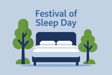 Flat vector illustration of a cozy bed with pillows and trees around it for Festival of Sleep Day, symbolizing rest and relaxation.  

