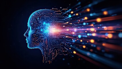 Abstract digital human head with data streams