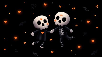 Naklejka premium Cute Cartoon Skeletons Dancing Together with Hearts and Dark Background