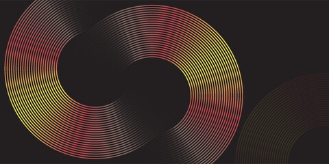 Dark geometric abstract background with overlapping circular lines in space. Modern graphic design element.