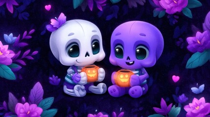 Obraz premium Cute Cartoon Skeletons Holding Jack-O'-Lanterns Among Flowers