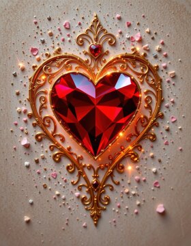 A vertical premium Valentine card with a faceted ruby red heart jewel set in golden filigree surroun