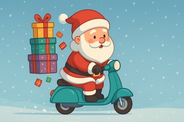 Obraz premium Delivery christmas gifts Santa Claus rides scooter delivering colorful gifts in snowy winter scene, spreading holiday cheer and joy