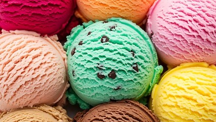 A close up shot of multiple colorful ice cream scoops piled together in a visually appealing way