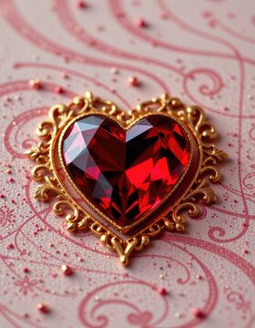 A vertical premium Valentine card with a faceted ruby red heart jewel set in golden filigree surroun