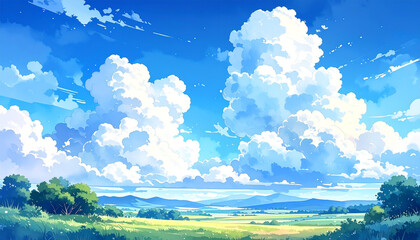 Fototapeta premium 入道雲が浮かぶ夏の山の風景 オーガニックな水彩画風