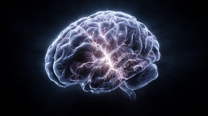 Glowing Brain Illustration With Electric Neural Sparks and Neon Energy Burst