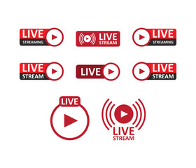 Set of modern vector illustrations showing various designs of LIVE stream badges and real-time broadcast indicators.