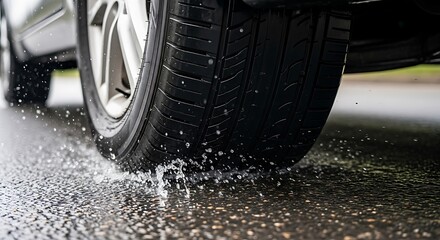 Vehicle tire splashes water while driving on a wet road surface.