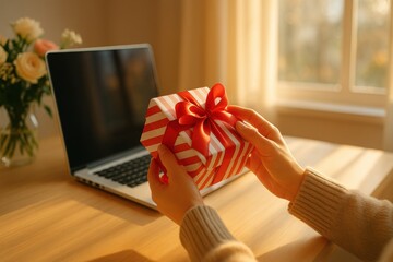 Delivery christmas gifts person holds beautifully wrapped gift with red bow, sitting desk with laptop and flowers background, evoking warm