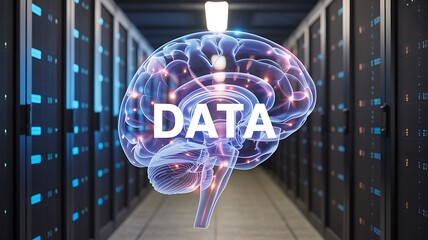 Data intelligence concept with digital brain visualization inside modern server room