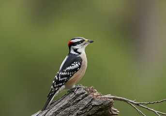 Fototapeta premium Small woodpecker with red cap perches on a tree branch.