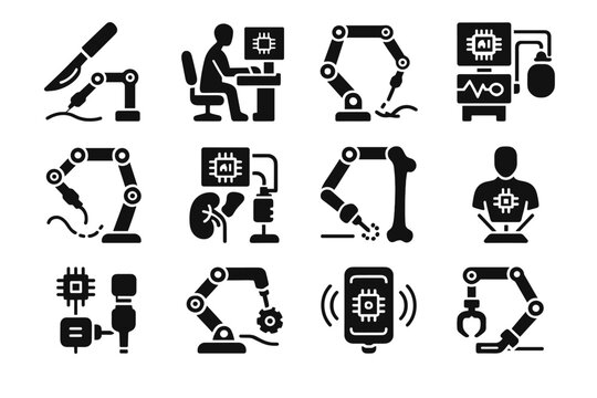 Icon arm suture surgery organ robotic guide ai cutter vector robot icons