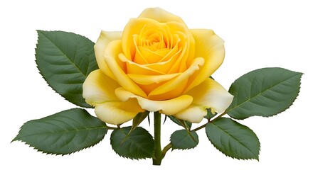 Yellow rose with green leaves on white background.