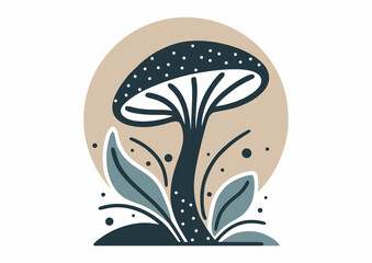 Mushroom growing in forest, monochrome vector illustration
