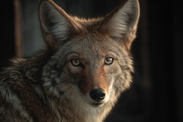 Fototapeta premium Coyote looks directly into the camera with striking eyes and detailed fur in a natural setting during the golden hour