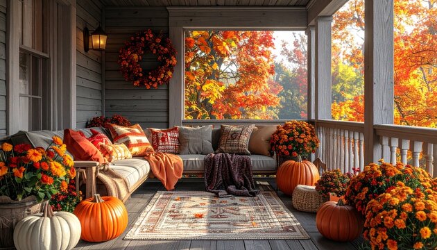 Cozy autumn porch decorated with pumpkins, mums, and colorful fall foliage