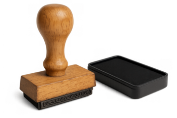 Wooden rubber stamp and black ink pad presenting concepts of business approval, legal certification, and official paperwork