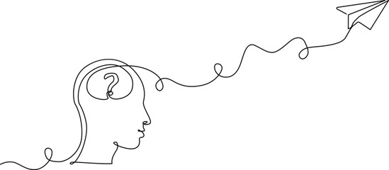 Mind with question mark evolving into a creative idea paper airplane on white Vector