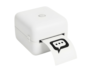 A white pocket printer printing a speech bubble icon on paper isolated on transparent background