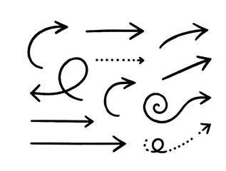 Set of hand-drawn black arrows in various styles and directions on white.