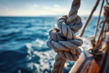 Closeup view of a nautical rope knot tied securely on a sailboat with the ocean gently rippling in the background during a sunny day
