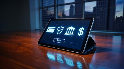 Digital banking concept with financial icons displayed on tablet in modern office