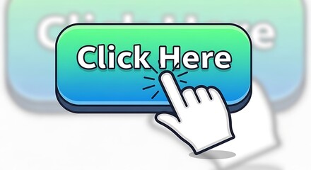 Cursor finger points to a green and blue button labeled "Click Here".