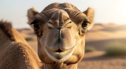 Camel's face portrait in a desert landscape at sunset.