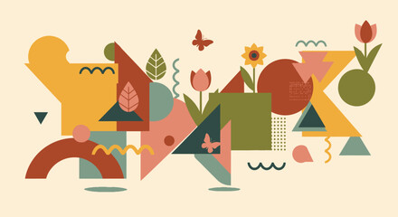 A vibrant abstract composition of geometric shapes blended with stylized flowers and butterflies.