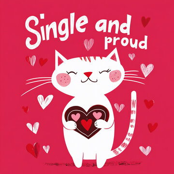 Funny vector illustration of a cat holding broken-heart chocolate. Bold &ldquo;Single and proud&rdquo; typography adds a playful vibe