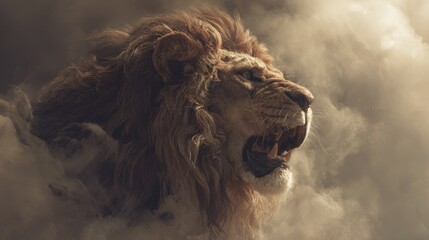 Lion of Judah represents strength and power in a majestic display of faith and courage amidst swirling clouds