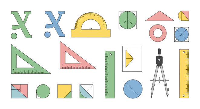 Illustrated collection of school geometry equipment including rulers, protractor, compass, and various shapes.