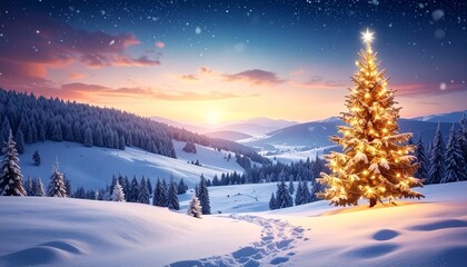 Christmas Tree Glowing Brightly In a Snow-Covered Mountain Landscape at Sunset