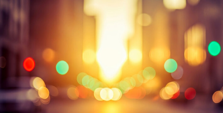 City street lights create warm abstract bokeh circles at night, forming a dreamy urban atmosphere with soft glowing colors that enhance the calm evening mood.