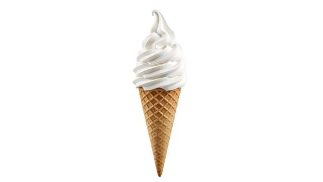 A single vanilla soft serve ice cream cone isolated on a plain white background in sharp focus