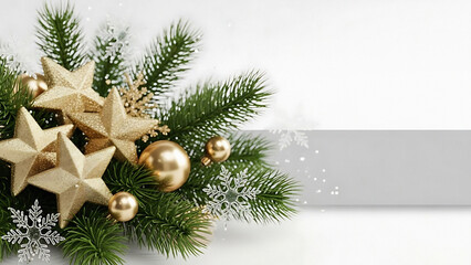 Festive christmas display with gold stars ornaments and pine branches on a white background