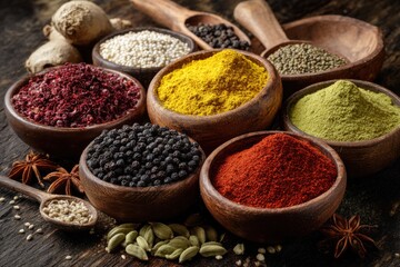 Colorful assortment of spice powders and seeds arranged in wooden bowls on a rustic table revealing unique flavors and culinary traditions